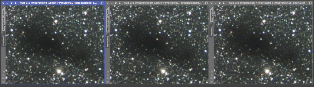 The dark nebula Barnard 44A in the three integrations, with the 8×15 min stack showing the cleanest dark regions