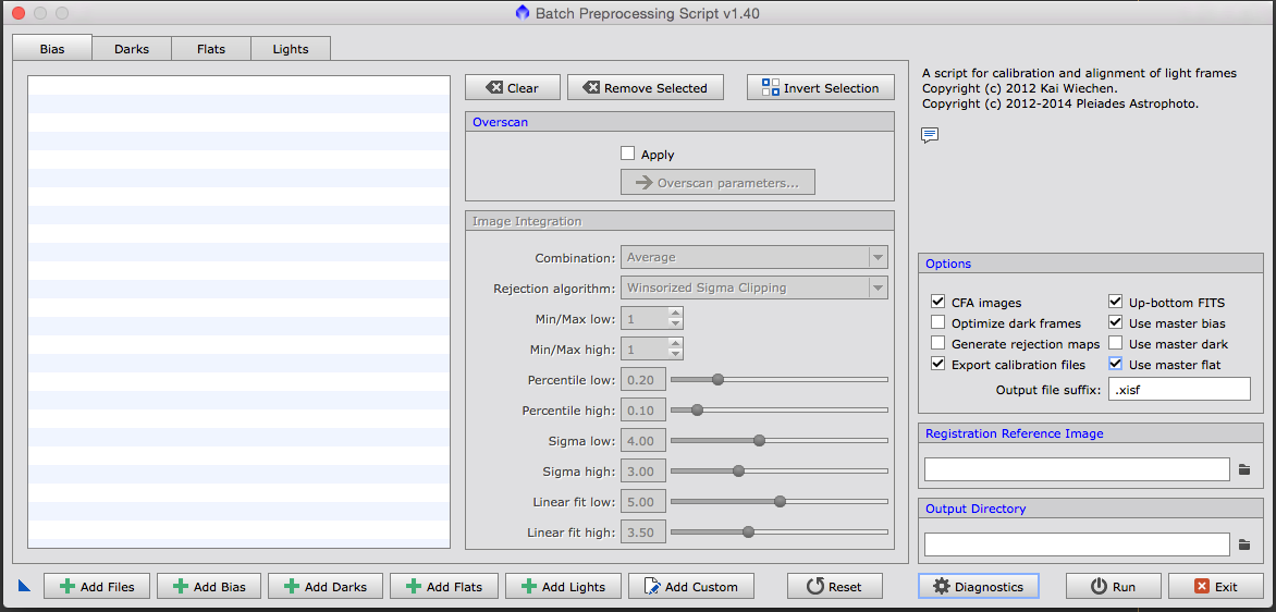The BatchPreprocessing script, with tabs for bias, darks, flats and lights, takes care of calibration in one go