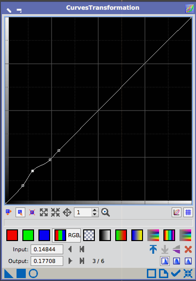 PixInsight CurvesTransformation with a small bump in the low end of the curve, just above the background, to lift the faint dust