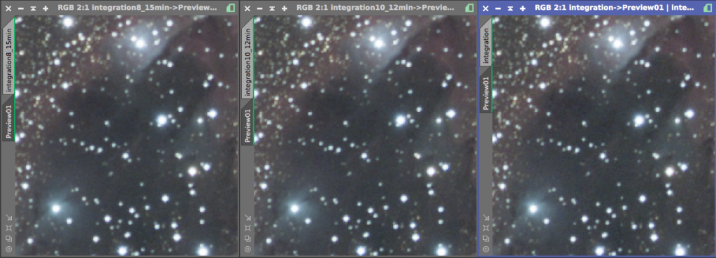 Detail of the three Dark Tower integrations: the 8×15 min stack on the left is visibly smoother than the 15×8 min stack on the right