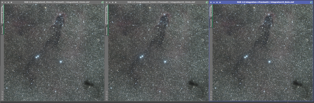 Wide view of the Dark Tower region integrated as 8×15 min, 10×12 min and 15×8 min, side by side
