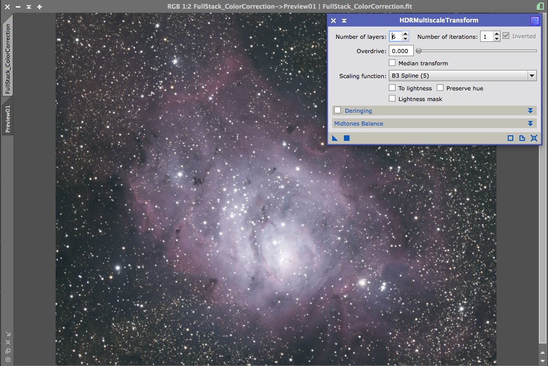 HDRMultiscaleTransform applied to the Lagoon nebula, to restore detail in the bright core