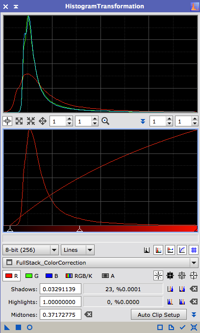 The HistogramTransformation dialog, with the histogram of one channel and the shadows, midtones and highlights markers
