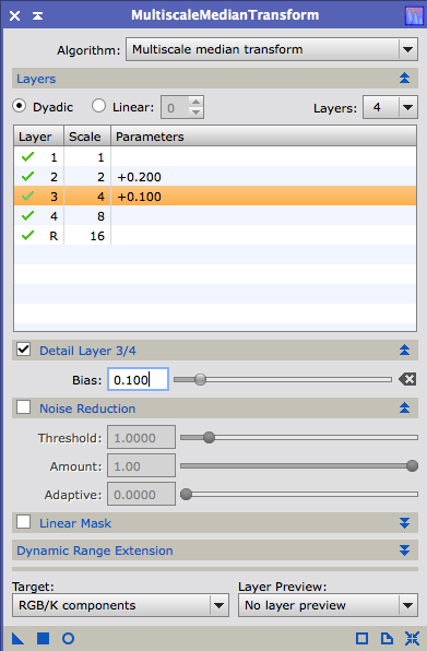 The MultiscaleMedianTransform dialog, with the bias of individual detail layers raised